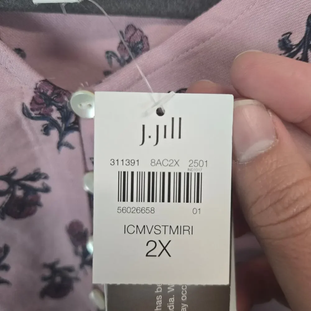 Pure Jill Pink Organic Cotton Top 2X V-Neck ButtonTop Floral Cottage Casual NWT